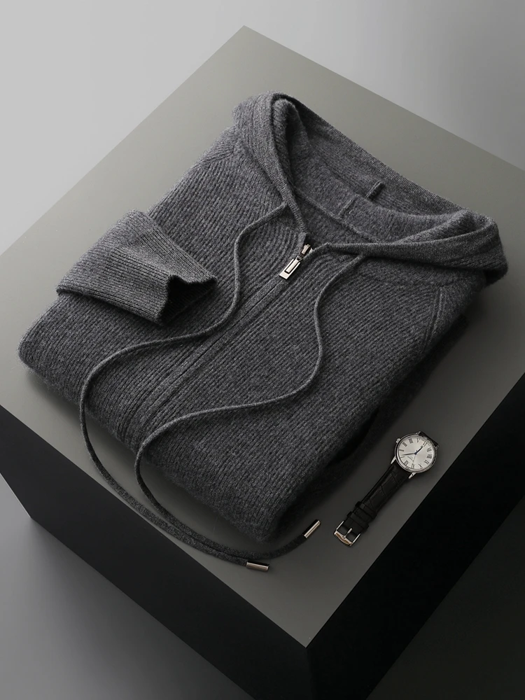 

New Chic Hooded Cardigan Men's Simple Casual Style Cashmere Sweater Autumn Winter Thick High Quality 100% Cashmere Knit Coat
