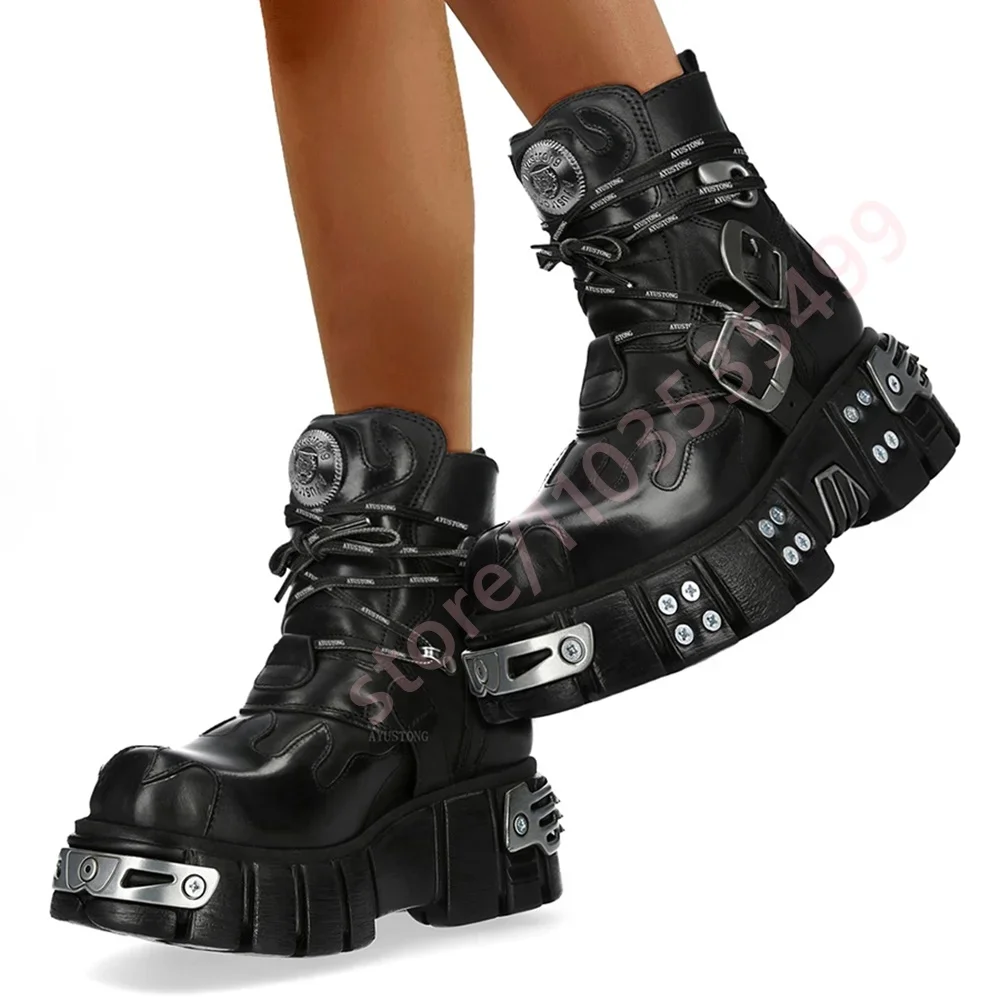 

2025 Black Metal Studded Ankle Boots Punk Rock Party Motorcycle Style Lace-Up Casual Sporty Round Buckle Street Fashion
