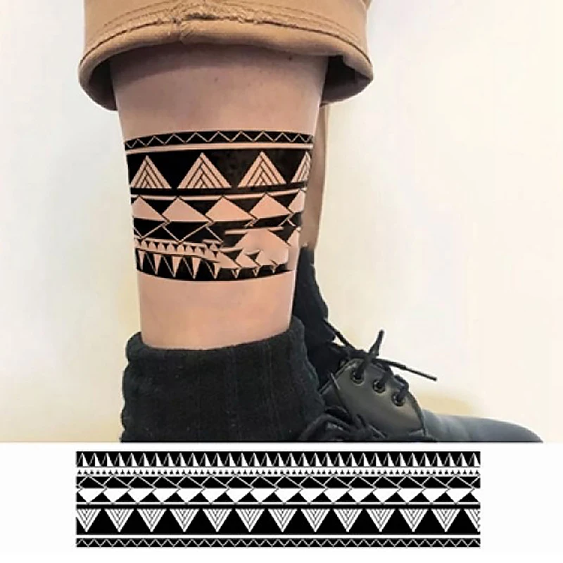 Black and White Arm Ring Geometry Temporary Tattoo Men Women Half Arm Personality Thigh Waterproof Tattoo Stickers