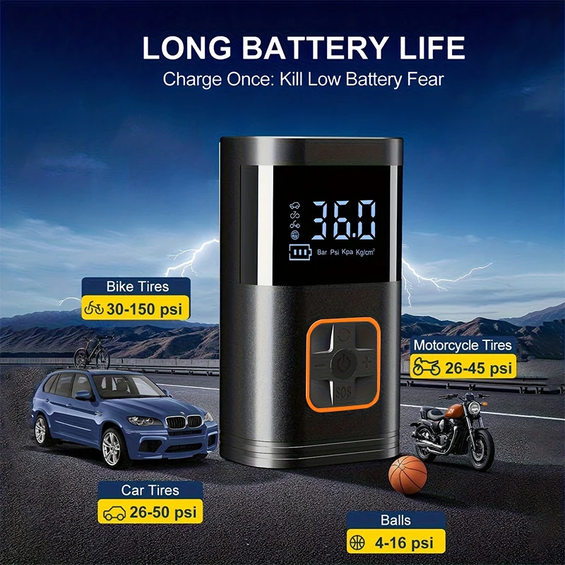 Wireless Car Tire Inflator Portable Air Compressor, 150PSI Rechargeable 7‑in‑1 Digital Tire Pump with LED Light, Auto Shut‑Off A