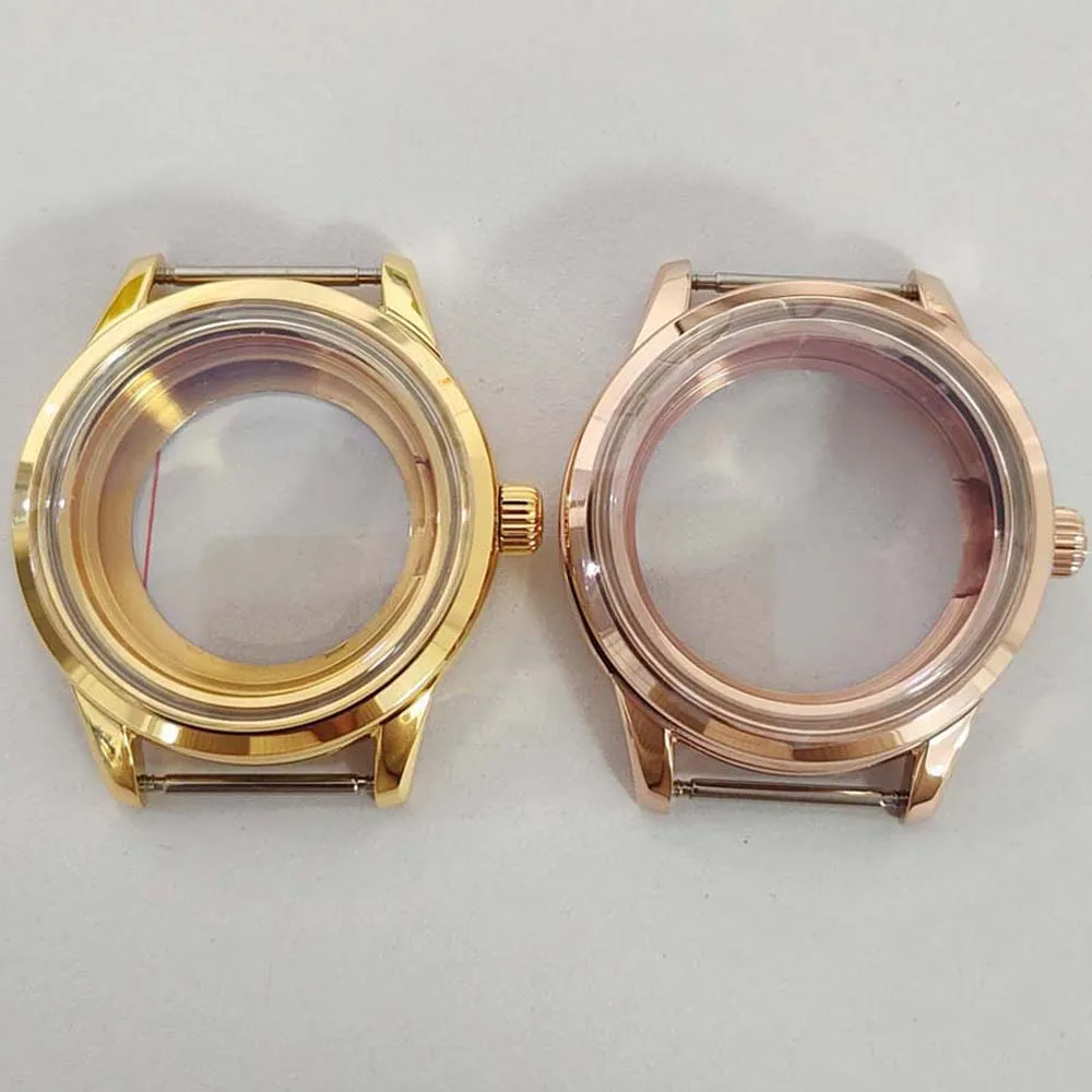 39MM Stainless Steel Transparent Bottom Case NH35, Rose Gold Mineral Glass Watch Case, for NH35/NH36/4R/7S Movement, Watch Shell