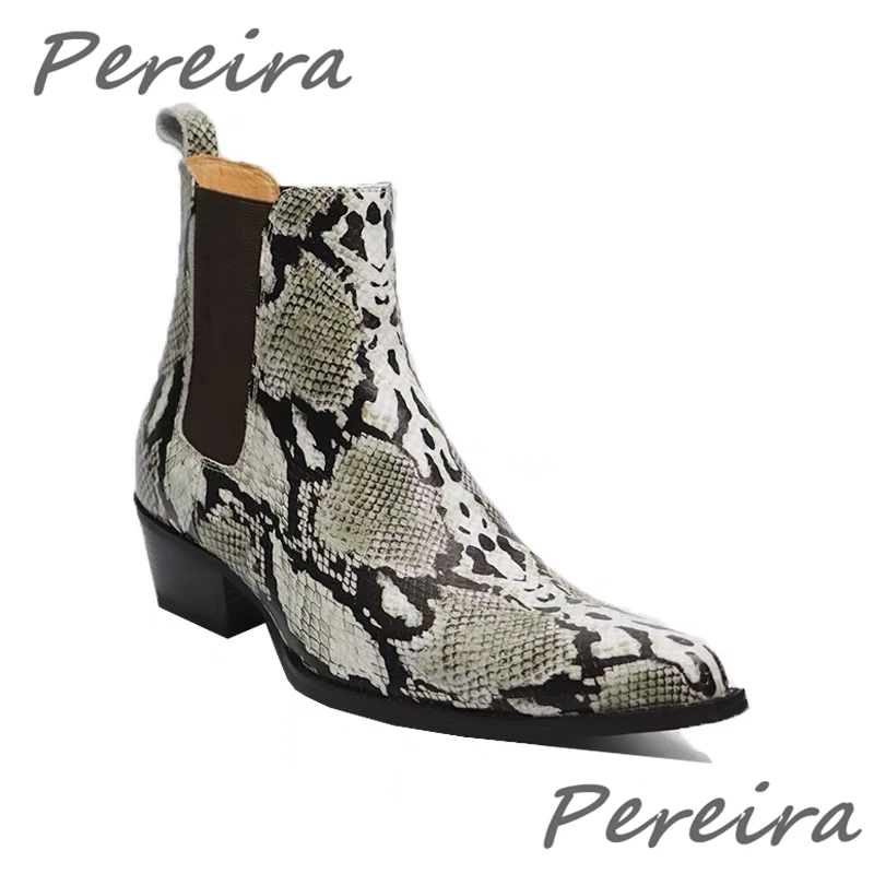 Genuine Leather Snake Pattern Chelsea Booties Pointed Toe Thick Heel Slip On Cowhide Short Boots Autumn Casual Shoes Big Size