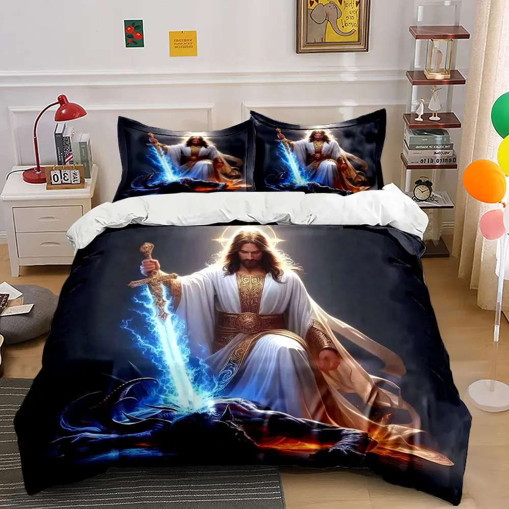 Divine Saint Triumphs Over Demon Print Bedding Set 1 Duvet Cover 2 Pillowcases for Adult and Children Luxury Gift Full Size