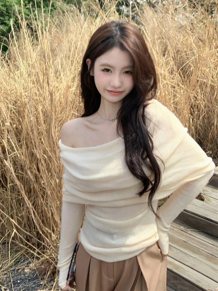 

2024 Early Autumn Winter New Sle Women's Knitted Base irt Long Sve Overhead One-oulder Sexy Hot Girl Inner Wear Top