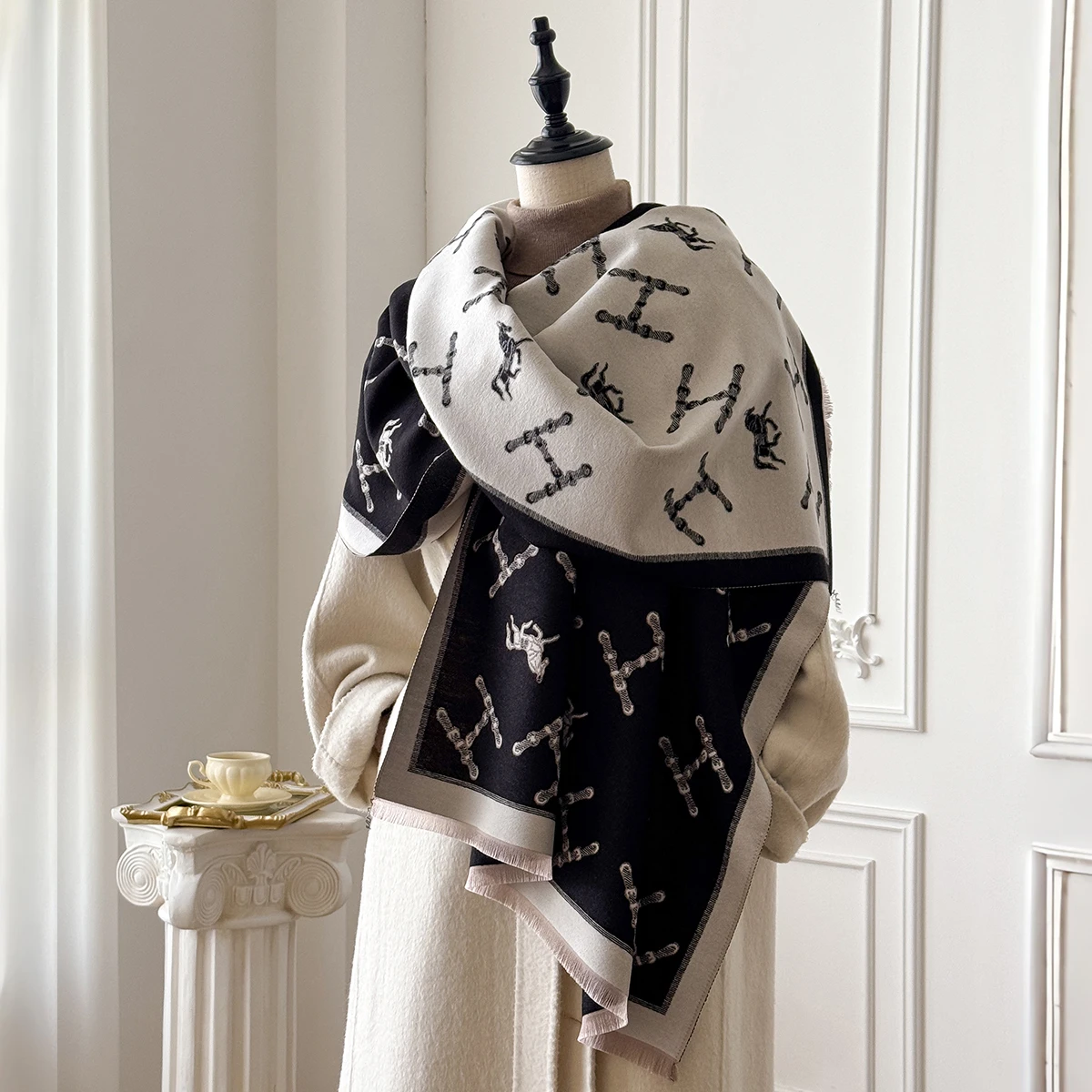 شال شتوي كشمير نسائي على الموضة من العلامة التجارية - لوحة زيتية كلاسيكية مطبوعة بالزهور على طراز الباشمينا غلاف سميك ومعطف #2