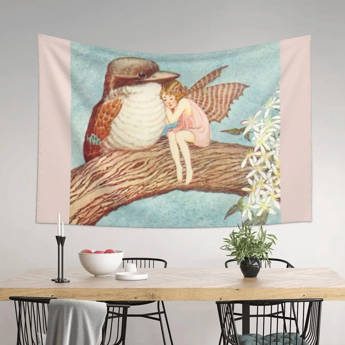 

Ida Rentoul Outhwaite Vintage Fairy Cuddled Up Against Baby Kookaburra illustration Tapestry Outdoor Decoration Tapestry