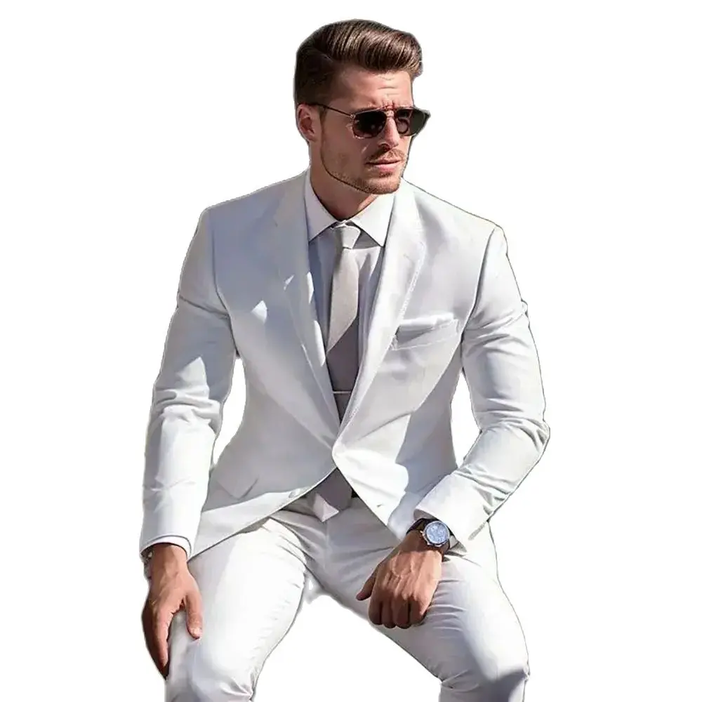 Formal White Men Suits Elegant Groom Full Set Single Breasted Notch Lapel Chic Wedding Party 2 Piece Jacket Pants Costume Homme