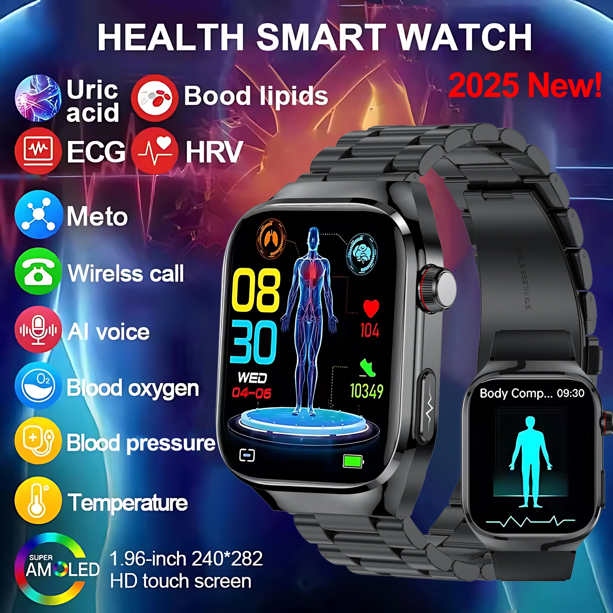 

2025 Новые часы ЭКГ + PPG 7 Мочевая кислота Анализ артериального давления и тела SmartWatch HD Call Мужские часы Часы для здоровья для android и iOS