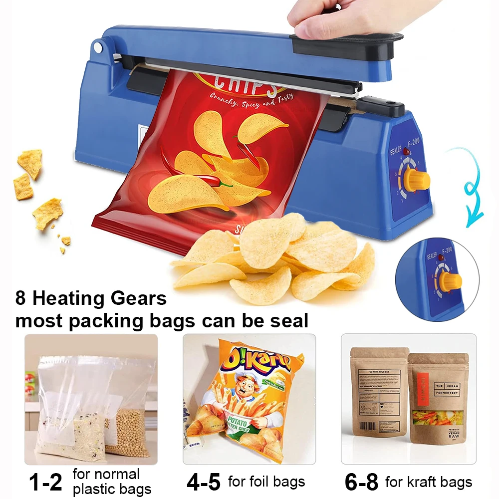 Sealer Bag Machine Thermal Sealer 8in Plastic Bags Portable Professional 8 Temperature Impulse Sealer Manual Heat Sealer Machine