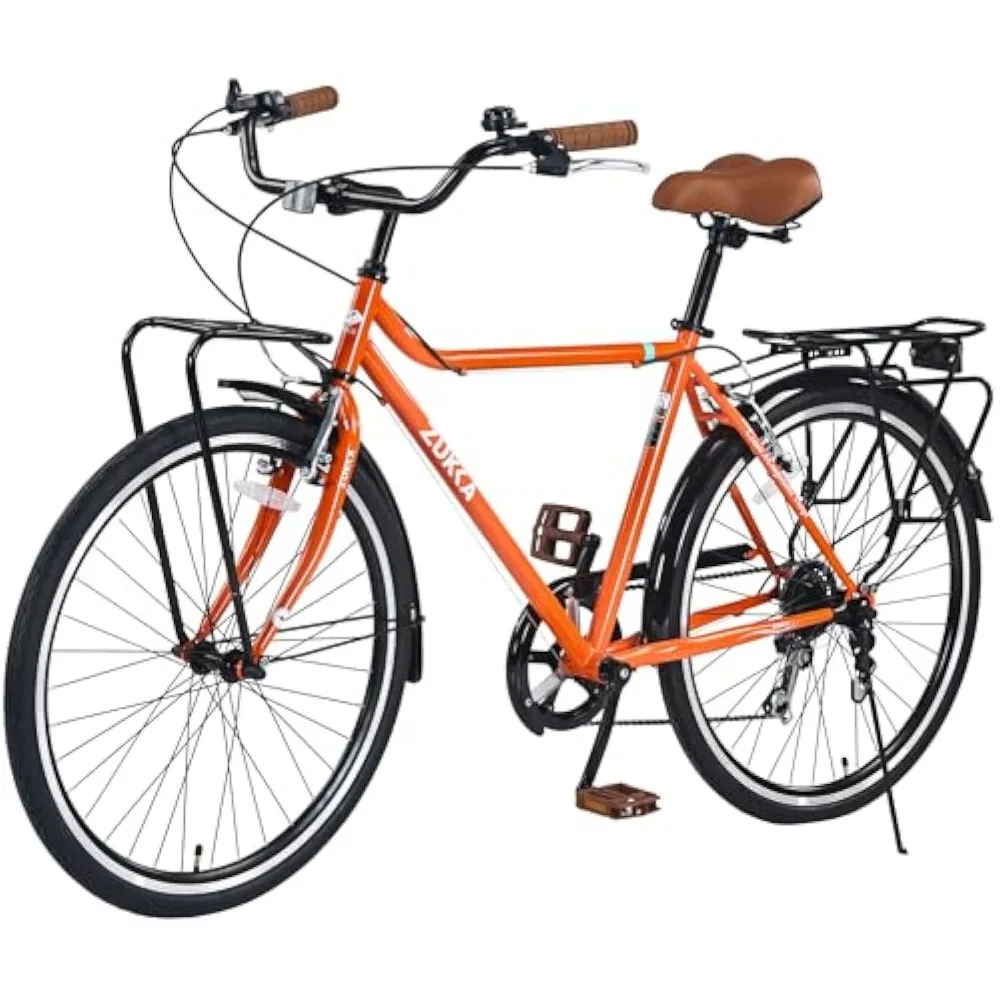 26 Inch Cruiser Bike 7 Speeds Vintage Style Bicycle City Bike Commute Bikes with Front and Rear Cargo Rack, Steel Frame, V-Brake