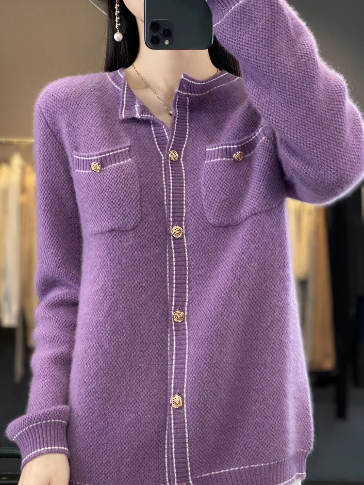 New Chic Spring Autumn Women O-neck Cardigan 100% Merino Wool Sweater Vintage Style Pockets Soft Solid Knitwear Korean Clothes