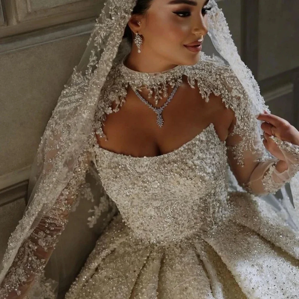 Modesto vestido de noiva de gola alta brilhante lantejoulas contas vestido de casamento de luxo pérola vestido de baile noiva personalizado robe novia