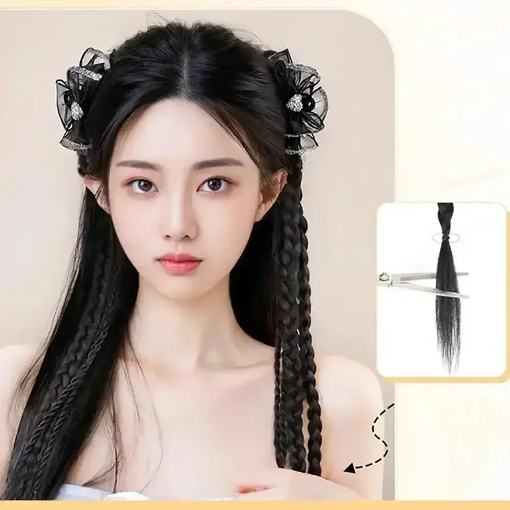 Y2K Parrucca sintetica intrecciata intrecciata con fiocco per ragazze Simulazione doppia coda di cavallo Estensioni da donna