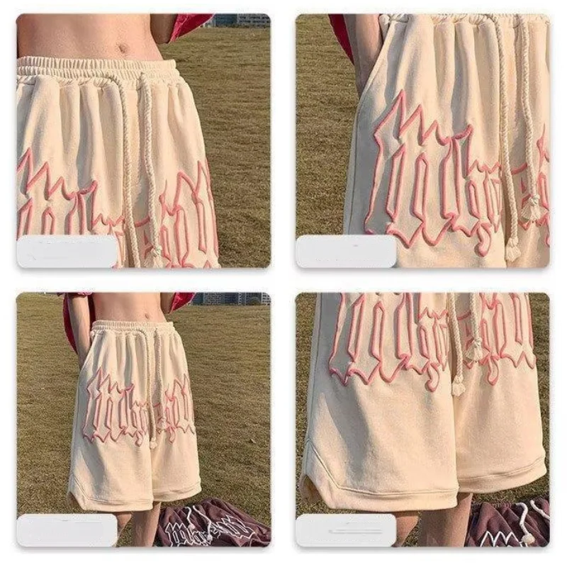 Shorts de basquete americano retrô distressed letter, casual solto, versátil, moderno, novo, primavera e verão