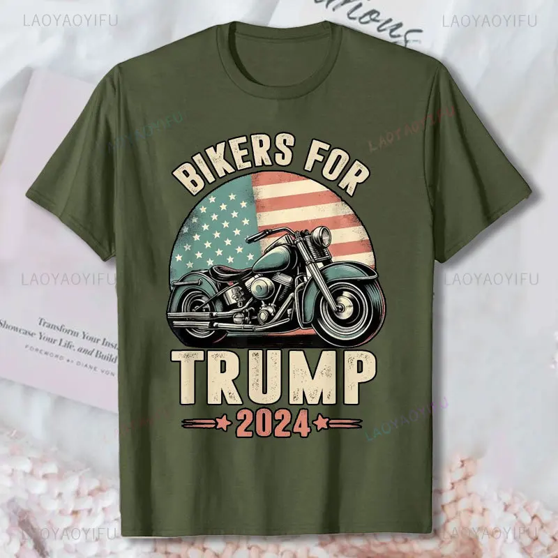 Bikers for Trump 2024 Motorcycle US American Flag Patriotic T-Shirt Fashion Man Women Short-sleev T Shirt 100% Cotton Unisex Tee