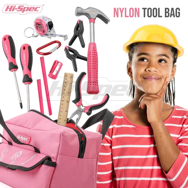 18pc Pink Kids Home DIY Tool Set Real Small-Sized Girls Household Tool Set Gift Hand Tools for Children with Tool Bag