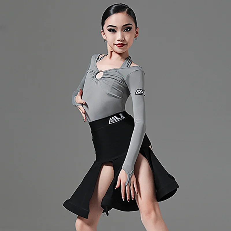 Latin Dance Costume Competition Wear Grey Long Sleeve Black Irregular Skirt Rumba Dance Clothing Practice Dancing Clothes AMY63