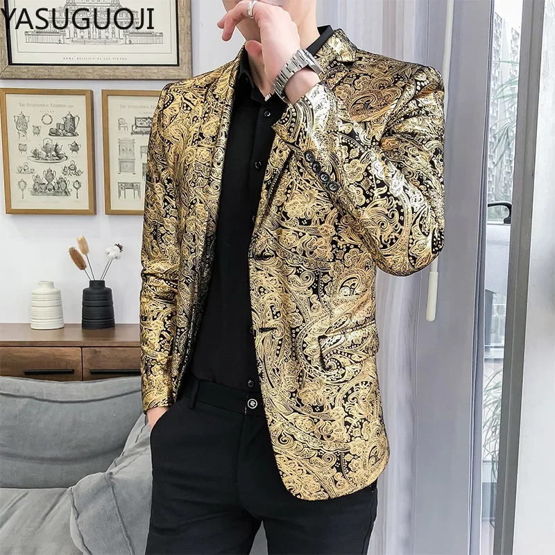 

YASUGUOJI Men Golden Floral Suit Jackets Fancy Show Costume Party Coats Men Wedding Party Blazer Gentleman Dance Formal Suit