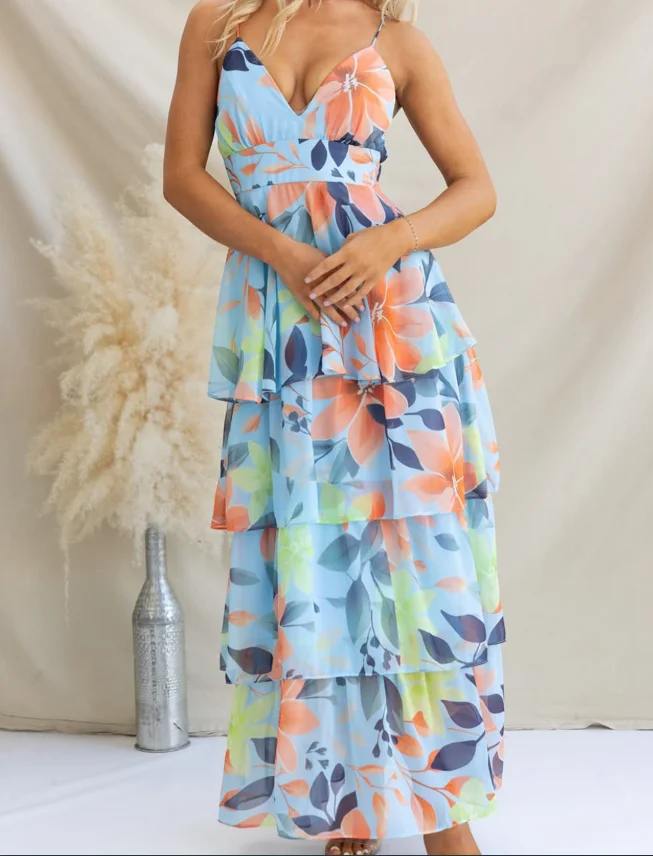 여름 드레스 여성 신선한 꽃 프린트 v 넥 하이 웨이스트 캐미솔 캐주얼 비치 휴가 쉬폰 드레스 여성