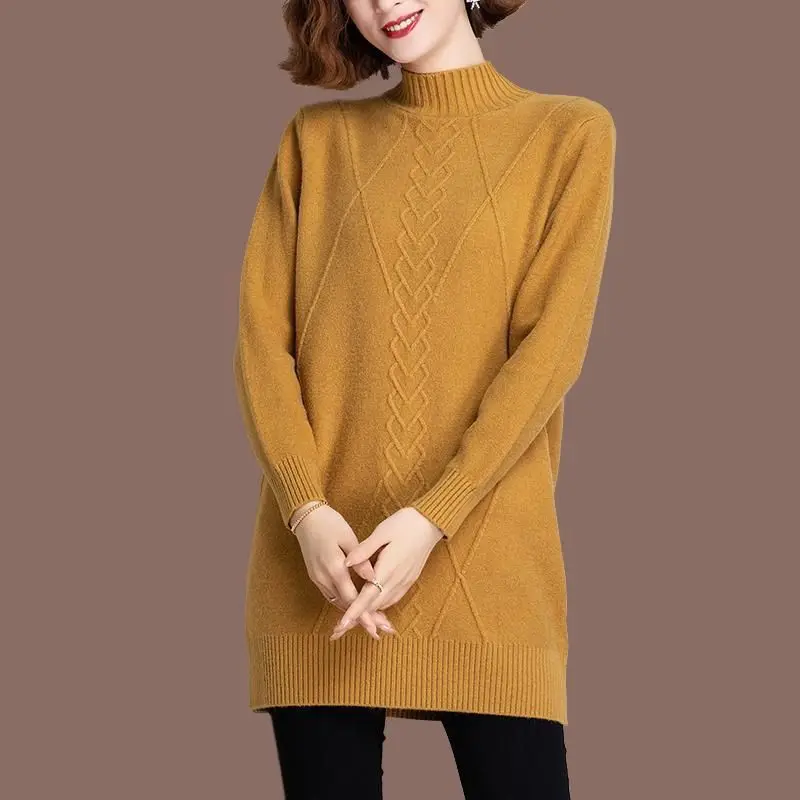 Mid Length Autumn and Winter Women\'s 2024 Pullover with Half High Collar Screw Thread Solid Color Knitted Long Sleeved Sweater