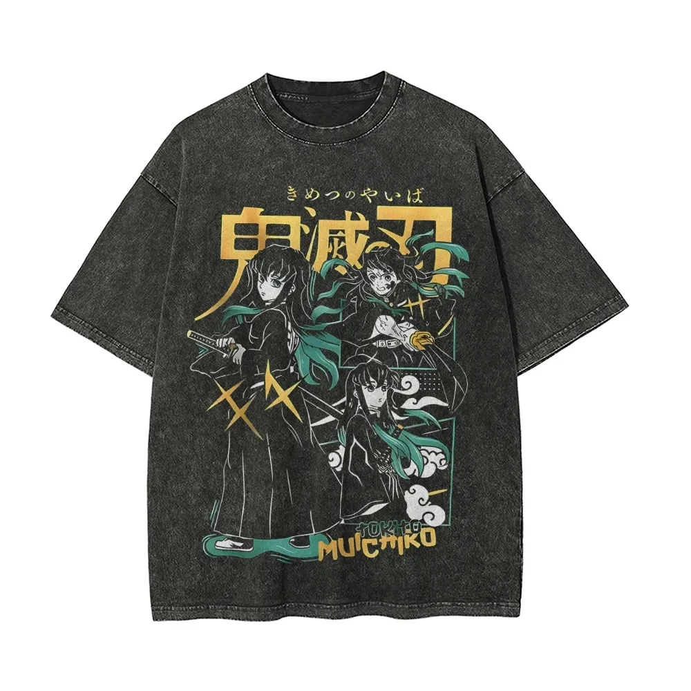 

Demon Slayer Men's and Women's Washed T-Shirt Hashira Summer and Spring Anime Tee Retro Distressed Harajuku Y2k Short Sleeve