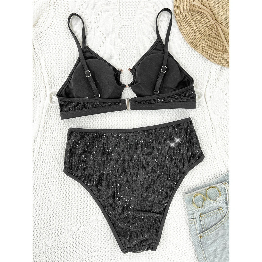 Glitzernder, funkelnder, ausgeschnittener Damen-Badeanzug, Bikini mit hoher Taille, zweiteiliger Bikini-Set, Badebekleidung, Badeanzug, Schwimmanzug V5389 – Detail 10