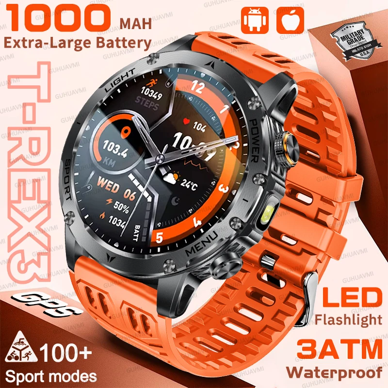 

Умные часы T-Rex 3 с GPS для мужчин, 1,75 дюйма, HD-экран, аккумулятор 1000 мАч, светодиодный фонарик, 3 АТМ, водонепроницаемые, HD, Bluetooth, спортивные часы с вызовом