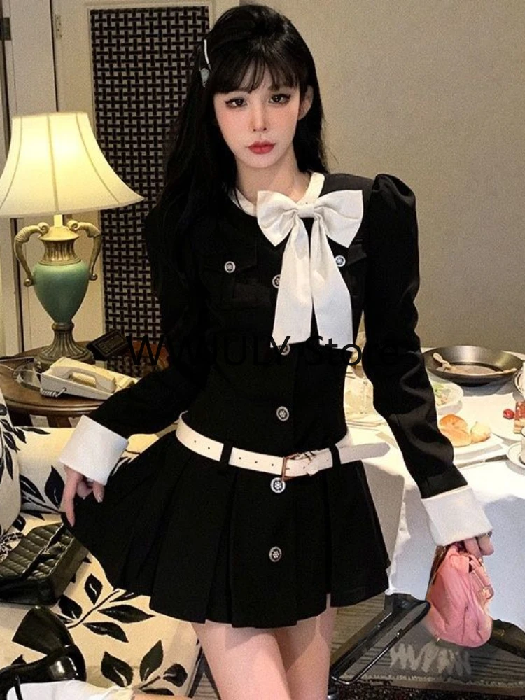 2023 Autumn Vintage Black Y2k Mini Dress Woman Short Party Korean Fashion Dress Office Lady Elegant Long Sleeve Casual Dress