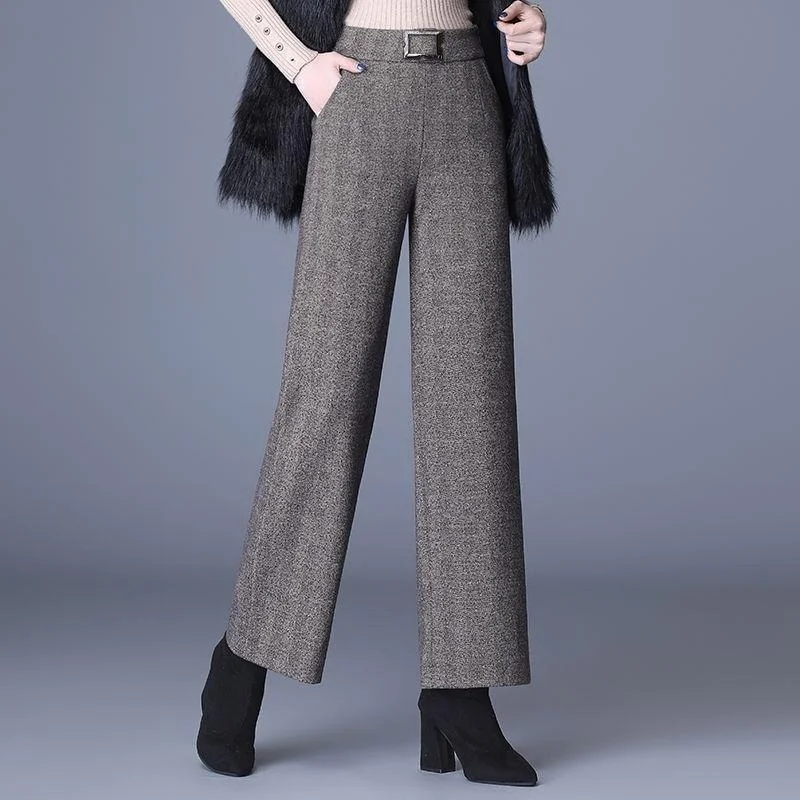 Zimowe Nowe Damskie Grube Wełniane Spodnie z Szerokimi Nogawkami, Wysoki Stan, Luźny Krój, Wyszczuplające, Uniwersalne, z Efektem Drapowania, w Jodełkę, Casualowe, Proste Spodnie