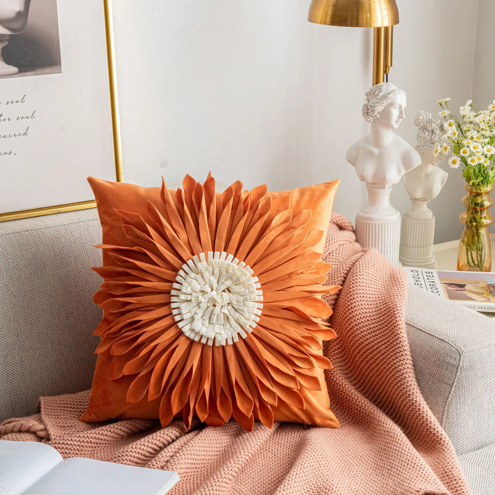 3D Floral Handmade Velvet Cushion Cover 30x50/45x45CM Girl\'s Heart Style Small Daisy Sunflower Plush Pillowcase Home Decoration