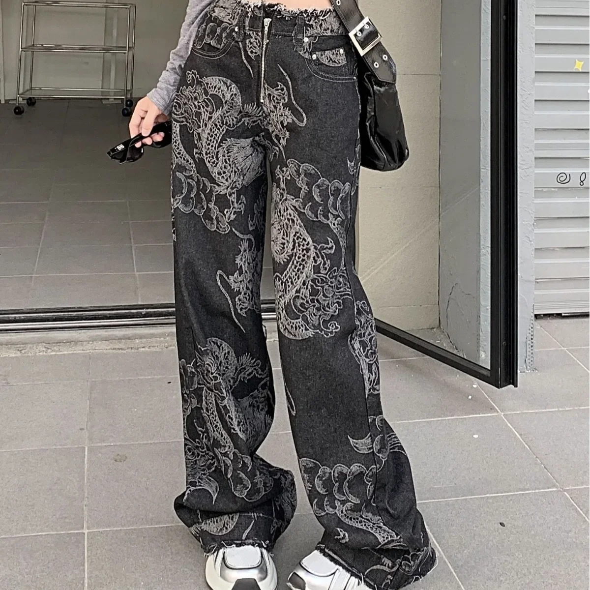 Trendiges neues Design, sinnvolle Jeans mit weitem Bein und Drachen-Aufdruck für Männer und Frauen, locker sitzende, schlankmachende Haremshose, modisch