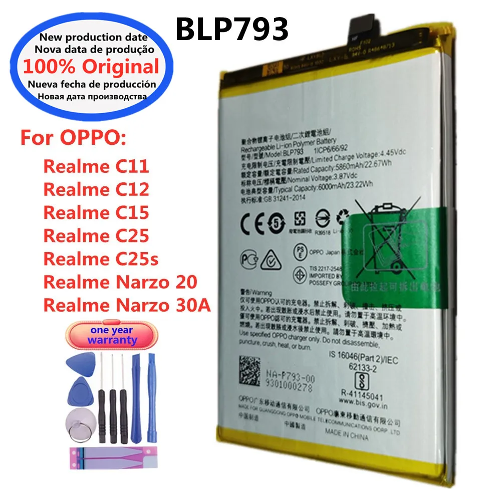 New Original BLP793 Battery For Oppo Realme C15 C12 C11 C25 C25s Narzo 20 / Narzo 30A Phone Replacement Batteries 6000mAh