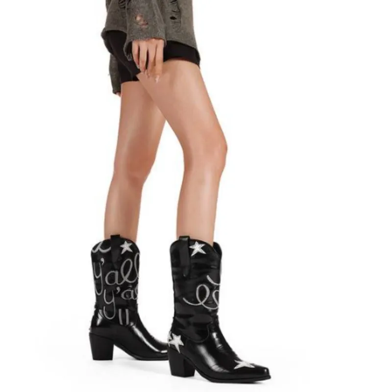 

YAOJING Сексуальные женские ботинки на среднем каблуке. Черные (синие, красные) кожаные центральные ботинки. Высота каблука около 7 см. Женские сапоги до середины икры.