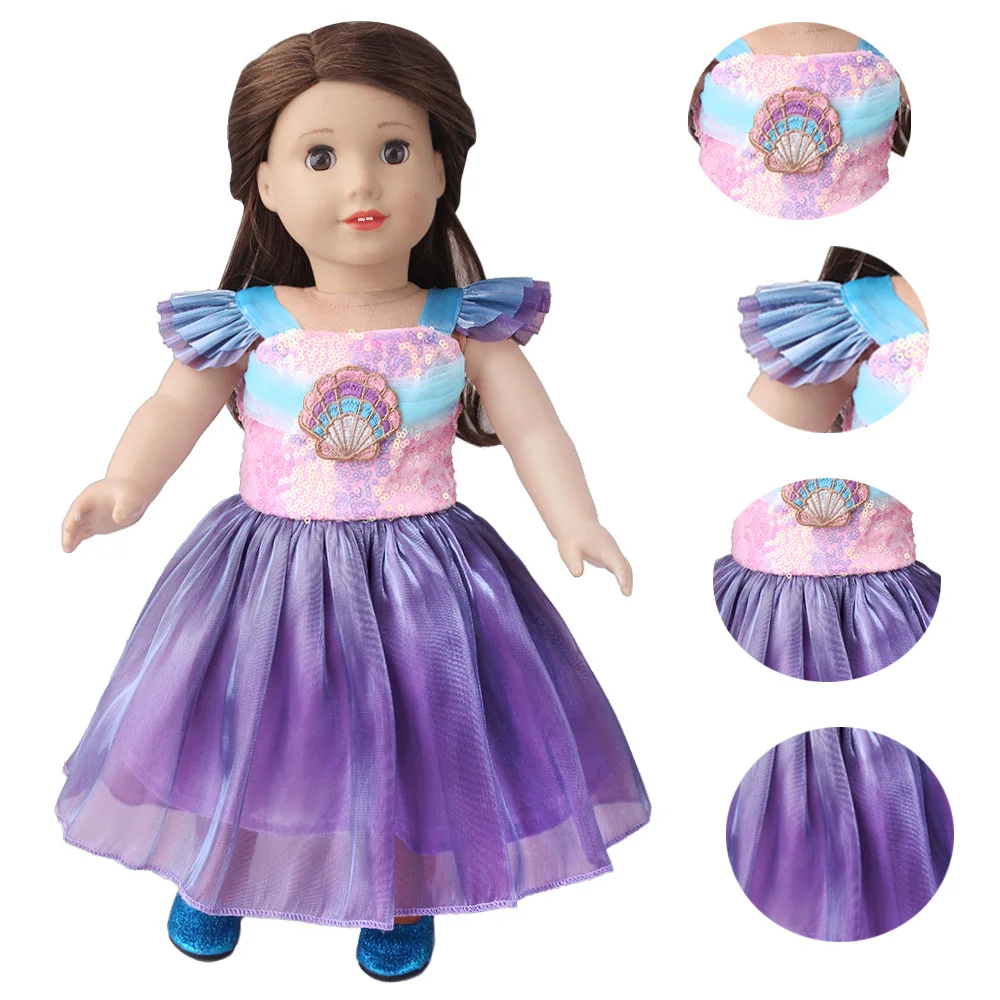 

Платье для куклы 18 дюймов: наряд принцессы с пайетками, струящейся тюлевой юбкой и рукавами-крылышками, дизайн «Морская ракушка», изысканные аксессуары для кукол