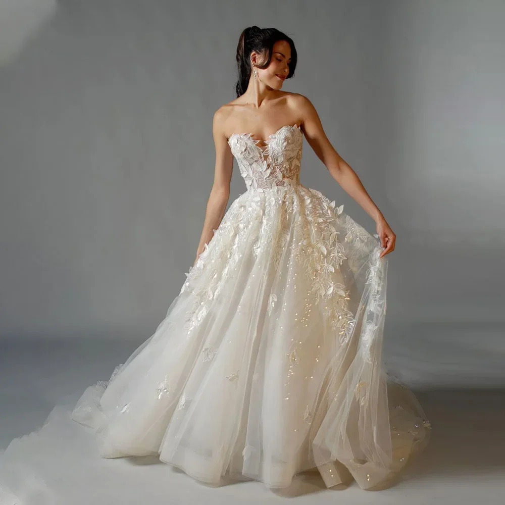 Robe de mariée Sexy sans bretelles, en Tulle et dentelle, ligne a, sans manches, gilet de balayage, personnalisation de robe de mariée