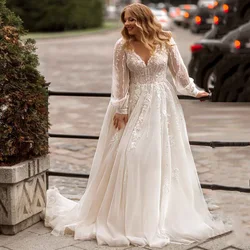 Lindo a linha plus size vestidos de casamento personalizado manga longa vestido de noiva trem varredura oversize vestido de noiva robe de mariee