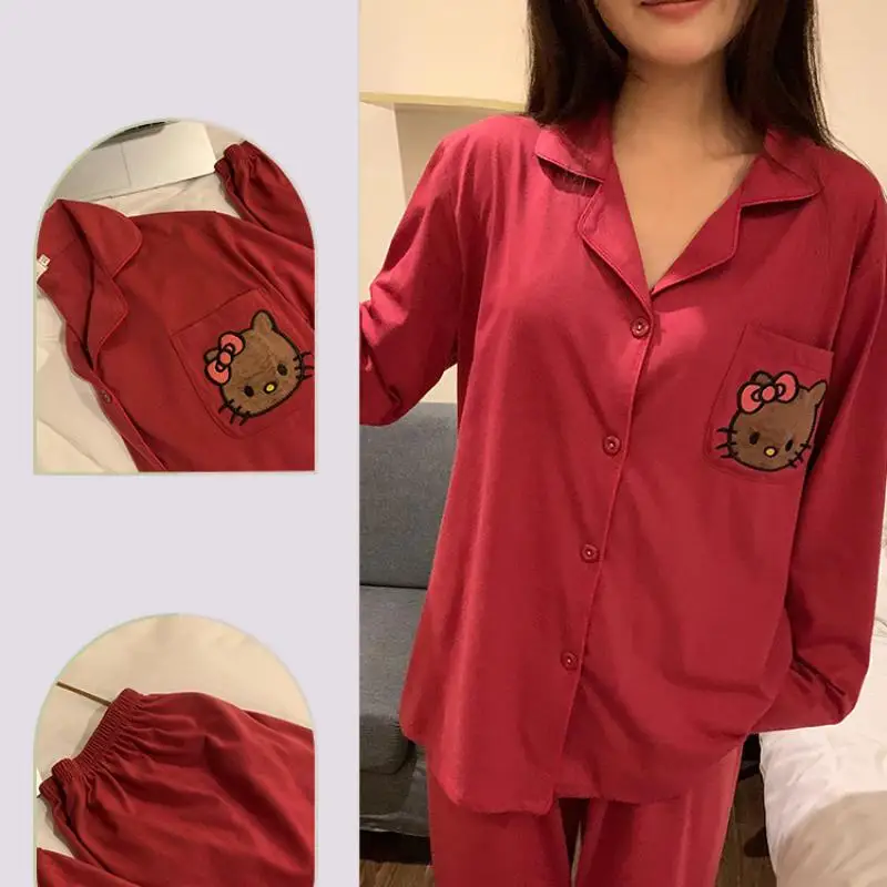 Sanrio Kit Cardigan Leisure Time Flip Collar Pajama Set Kawaii Hello Kitty Comic Spring and Autumn Student Go Out Leisure Wear