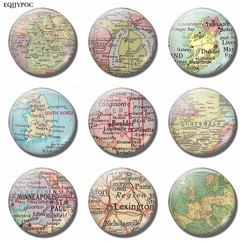 Refrigerator Magnet 30MM Circular Glass Decorative Magnet Map Souvenir Home Kitchen Suction Note Holder