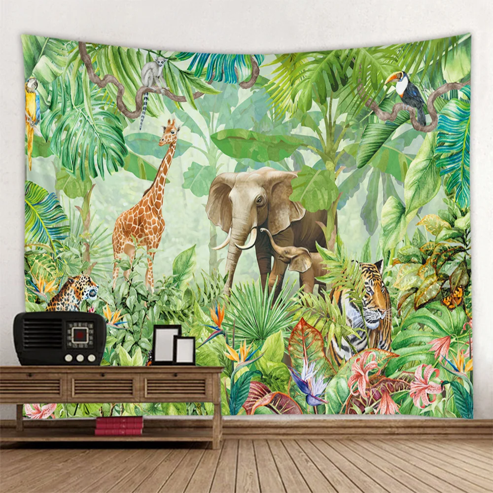 Tropical Rainforest Animals Flowers & Birds Tapestry Bohemian Hippie Wall Hanging Blanket for Living Room & Bedroom Decor