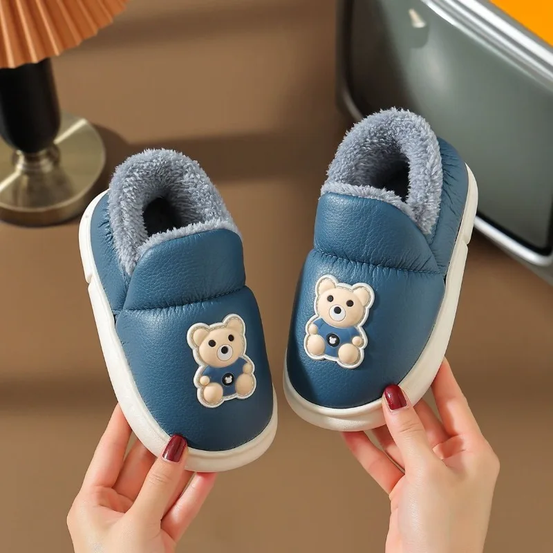 شباشب منزلية شتوية للأطفال البنات مبطنة بالصوف السميك مقاومة للماء وغير قابلة للانزلاق أحذية منزلية دافئة للأطفال الأولاد الصغار #4