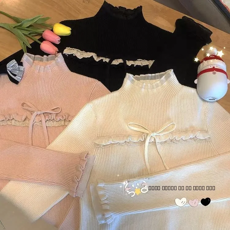 

Lace Collar Knot Knitted High Ne Base irt Sweater Inner Versatile Soft Casual Fit Long Sve Winter Top