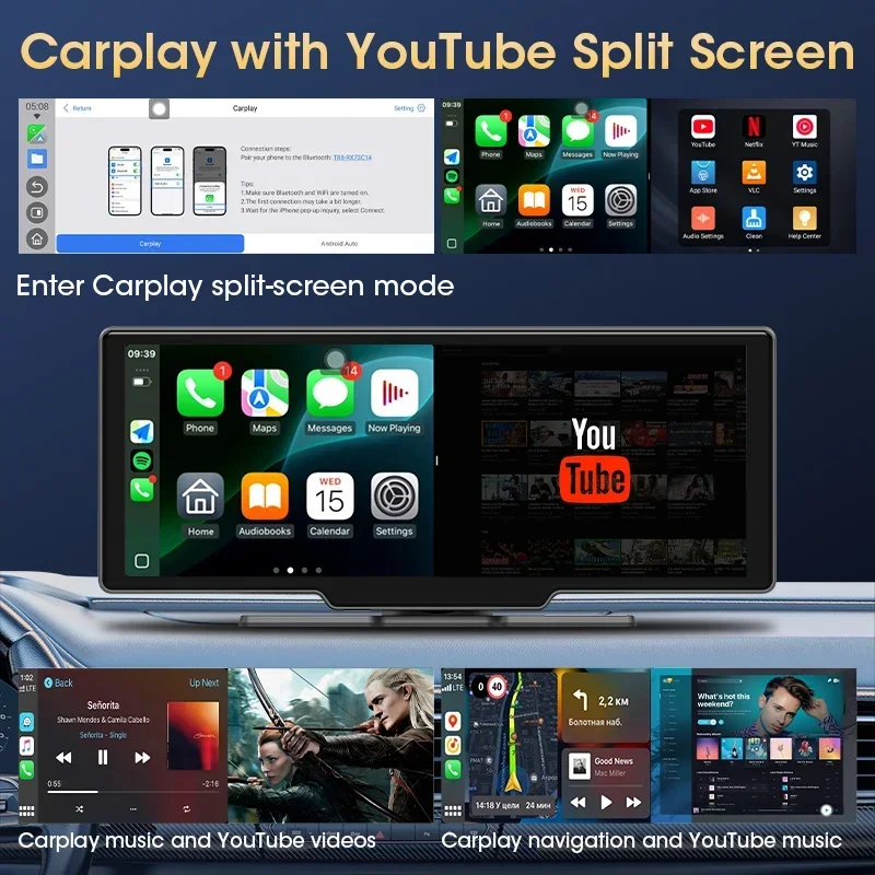 شاشة ذكية محمولة تعمل بنظام Android مع CarPlay اللاسلكي وAndroid Auto، تدعم مشغل الوسائط المتعددة لراديو السيارة Youtube Netflix Spotify #3
