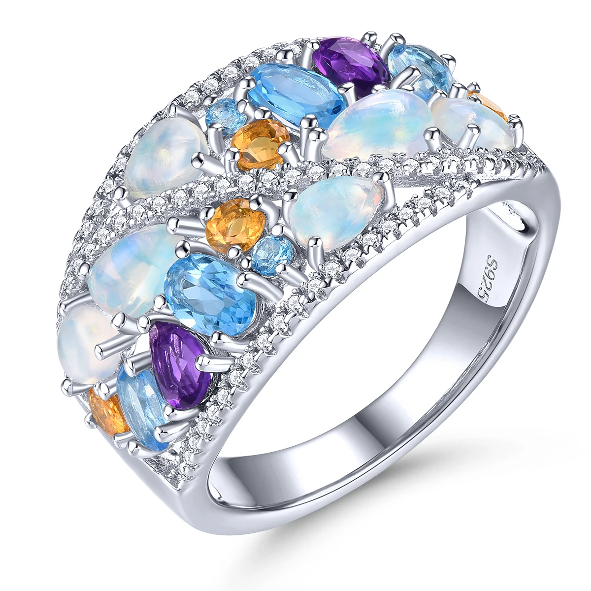 

Natural Genuine Opal Topaz Amethyst Sterling Silver Rings 2.2 Carats Multicolor Unique Design Women Anniversary Gift