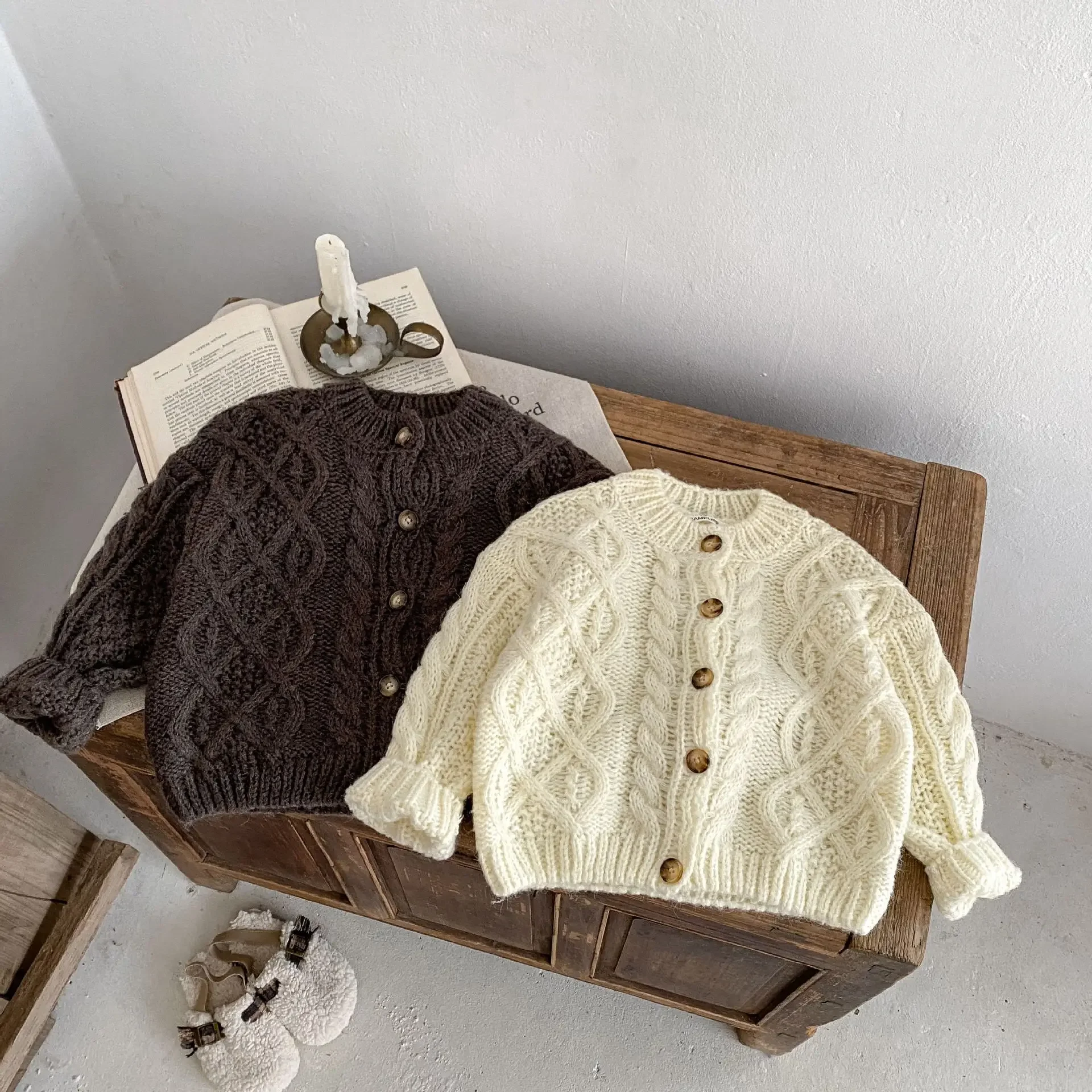 4855 Children Sweater 2024  Autumn and Winter Simple Fashion Girl's Knitted Sweater Solid Color Cardigan Coat