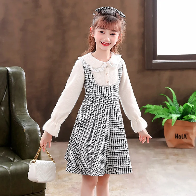 2023 Winter Dress Girl Autumn New Peter Pan Collar Patchwork Lace Long Sleeve Princess Dresses Kids Sweater Clothes High Quality