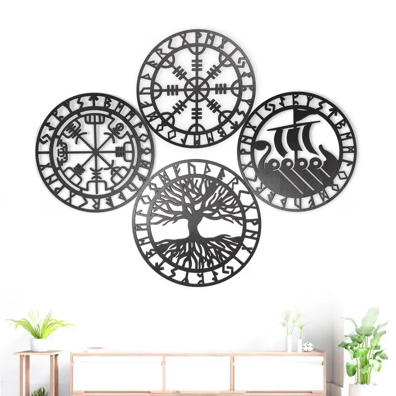 4PCS Set Round Wall Art Nordics Viking Runes Wooden Wall Decor Celtic Family Trees Viking Decor Amulet Sign Home Office Decor