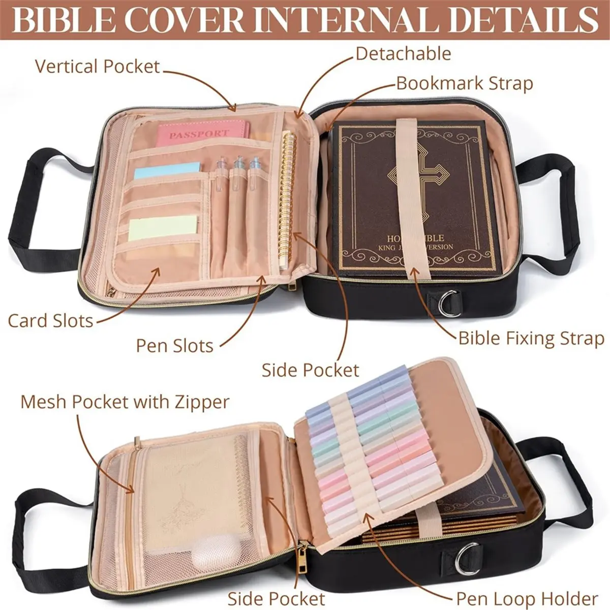 Eco-friendly Bible Cover Case for Women, Bible Bag W/Shoulder Strap, Bible Study Supplies Journaling Kit Book Carrying Case Pink