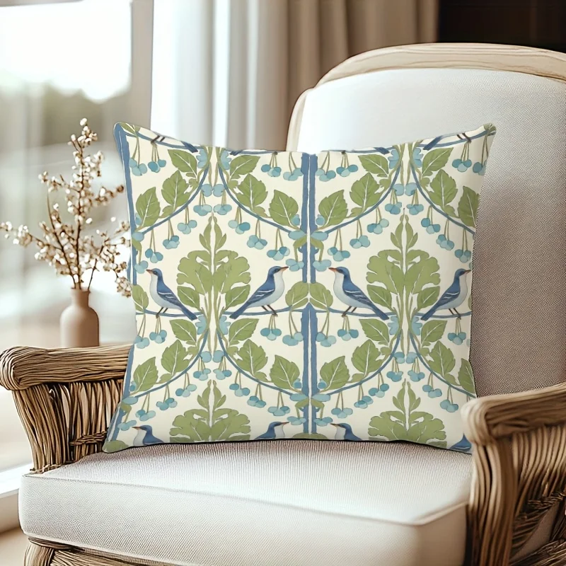 1pc Art Nouveau Bird Pillow Cover, Polyester 2D Double-Sided Print, Botanical Blue & Green Floral Art, Nature Lover Home & Car D