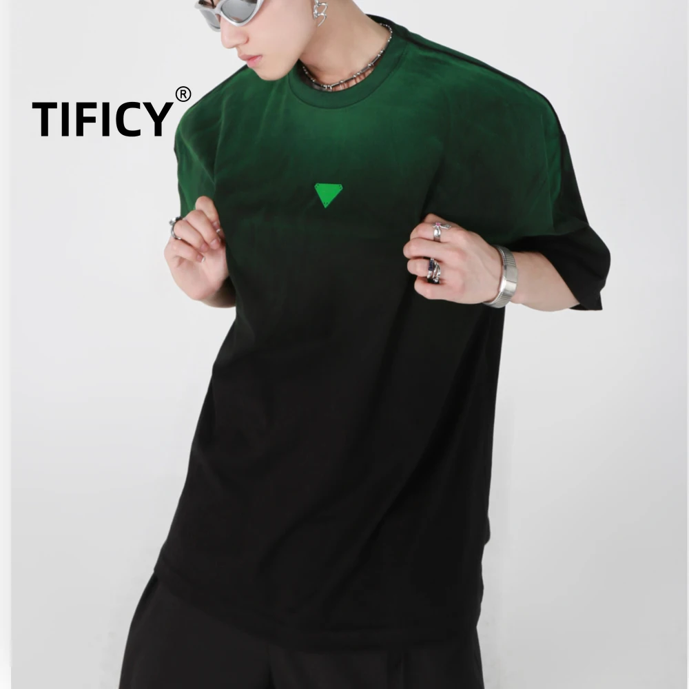 

Black Green Gradient Pure Cotton Tees T-shirt Men's Simple and High-end Loose Short Sleeved Contrasting Color Tshirt Top