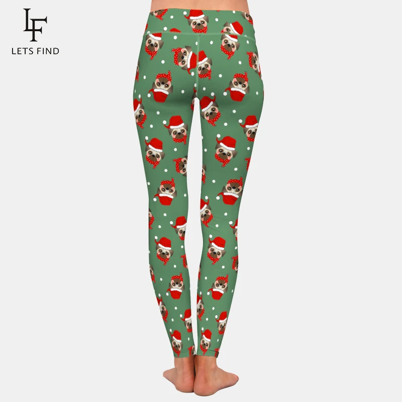 LETSFIND-mallas de entrenamiento de alta elasticidad para mujer, Leggings ajustados de cintura alta con estampado de Pug, Papá Noel, perro, bufanda roja, novedad